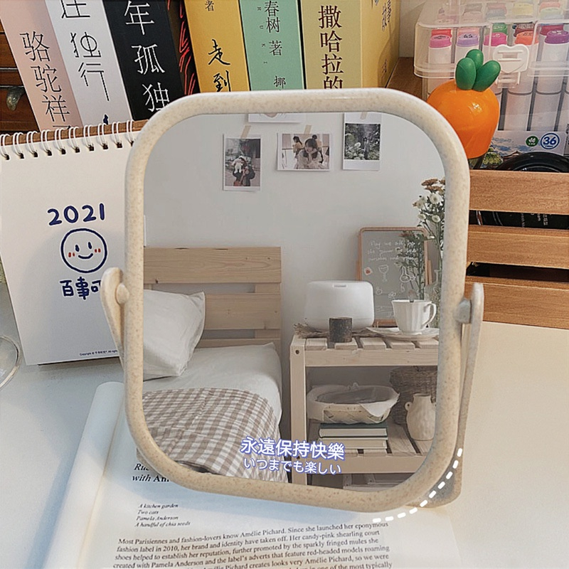 Gương trang điểm lúa mạch xoay 360 độ để bàn, gương soi di động mini hai mặt