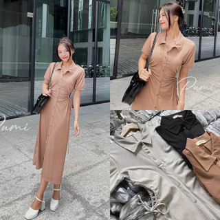Đầm polo gân nút cài tay ngắn khoét eo rút dây 3 màu freesize Pumi 14460