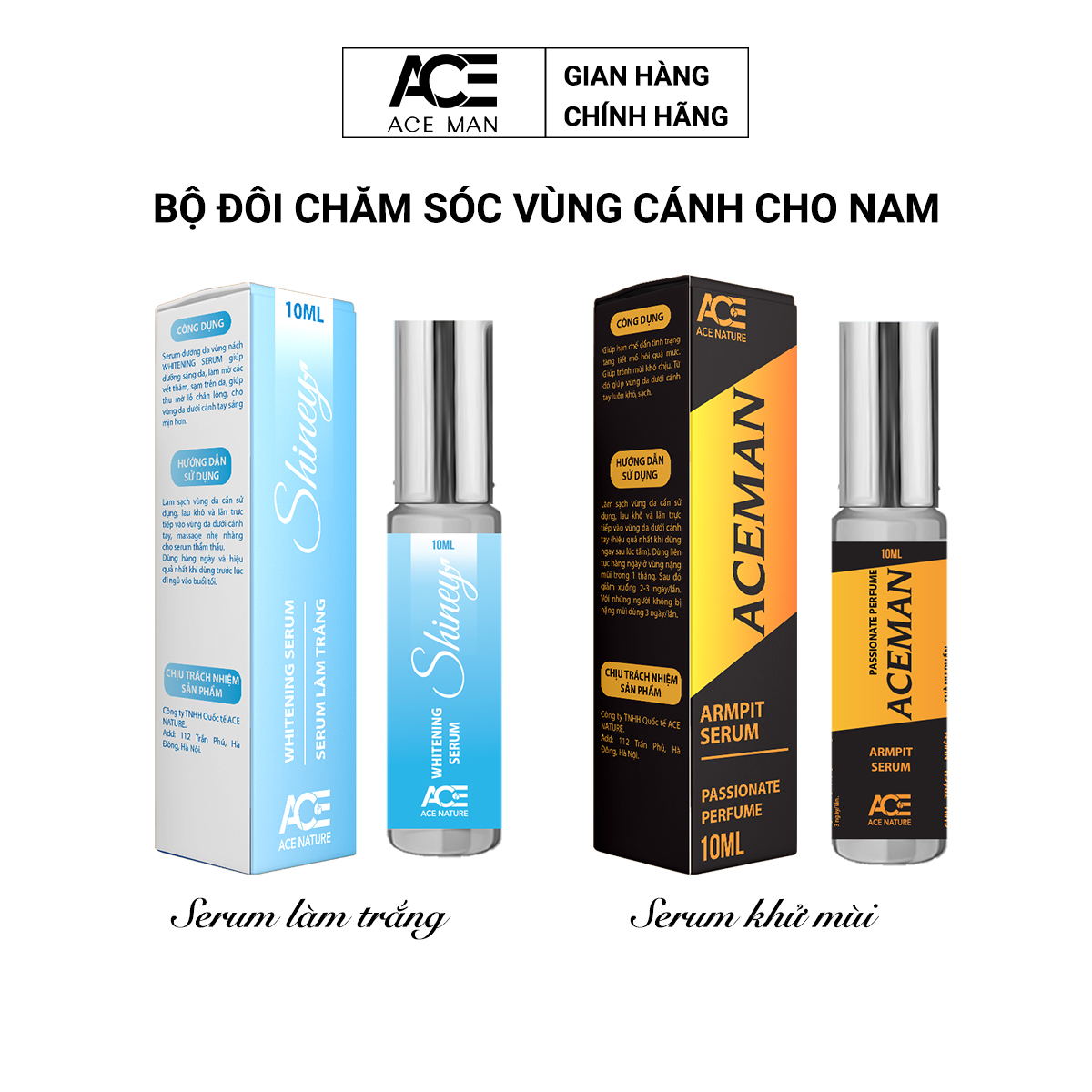 Bộ đôi lăn khử mùi nam, lăn nách nam ngăn tiết mồ hôi hiệu quả và serum làm trắng vùng nách ACE 10ml/ chai