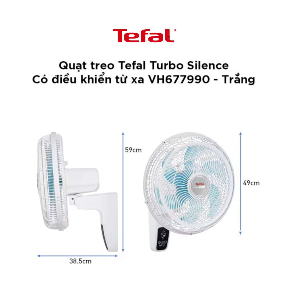 Quạt treo tường có điều khiển từ xa Tefal Turbo Silence VH677990/VH657690  công suất 80W/55W  - bảo hành 2 năm