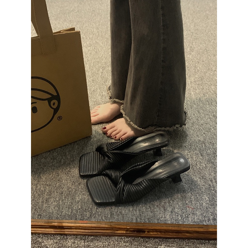 Dép dây xoắn cao gót đế trụ mõm vuông đế 3cm