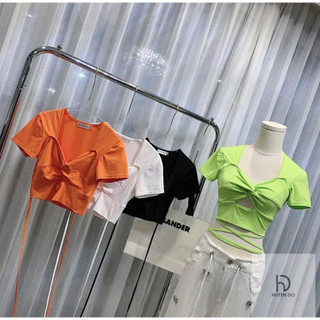 Áo kiểu xoắn ngực buộc dây eo, áo croptop nữ ngắn tay chất thun borip l9289284