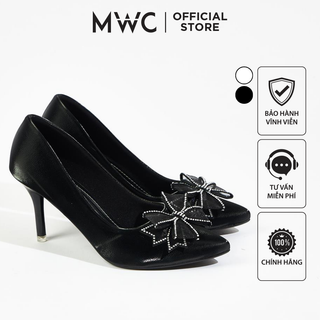 Giày cao gót mwc 4395 - giày cao gót mũi nhọn đính nơ viền đá bít gót thời trang