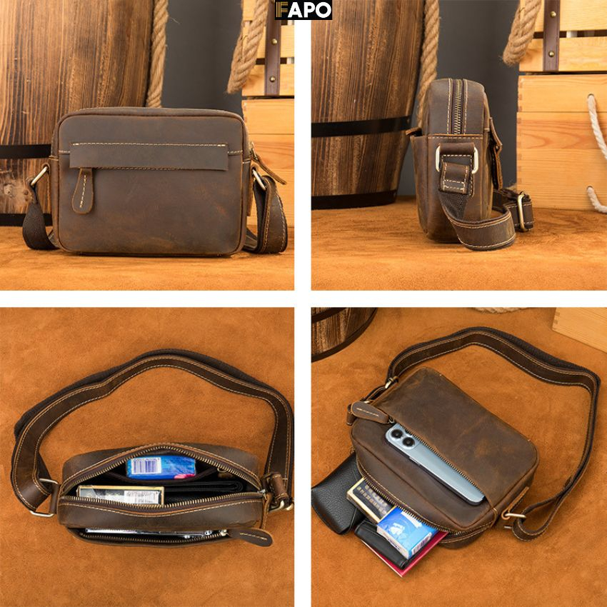 Túi Đeo Chéo Full Da Bò Nam Bản Chữ Nhật, Đeo Vai lịch Lãm