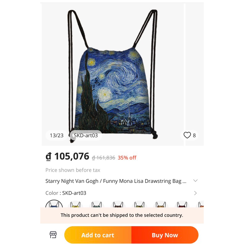 Mới về! Balo dây rút xuất dư Hà Lan, in tác phẩm hoạ sĩ lừng danh Van gogh