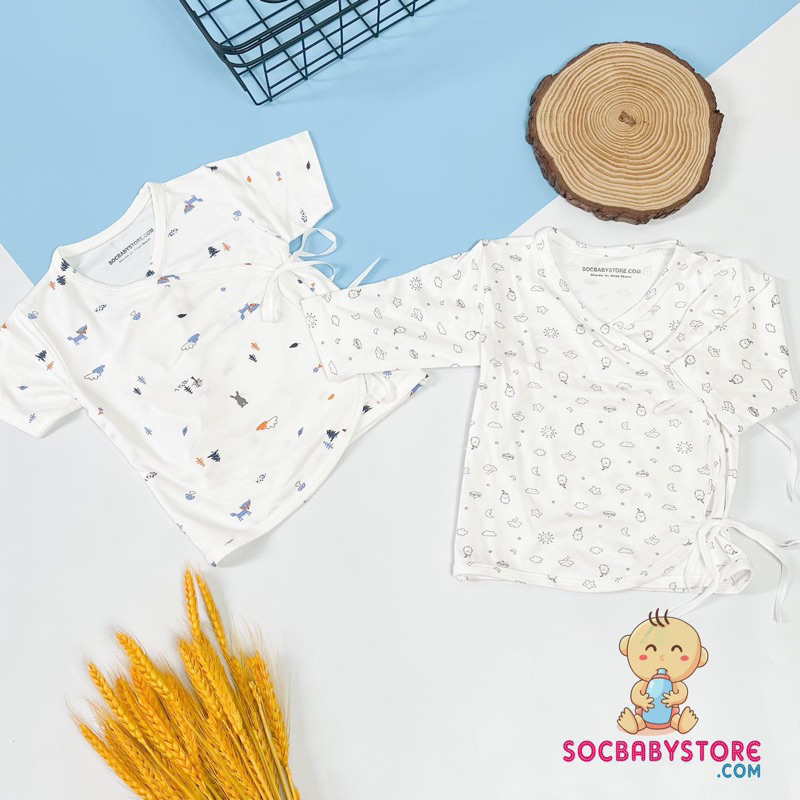 Áo buộc dây / cột dây sơ sinh sợi tre hoạ tiết xinh xắn (3-6kg)