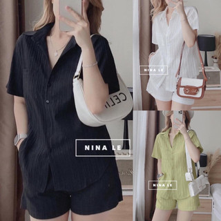 Set bộ quần áo sơ mi thiết kế phối nơ chất đũi xốp xọc gân siêu mềm mát A15