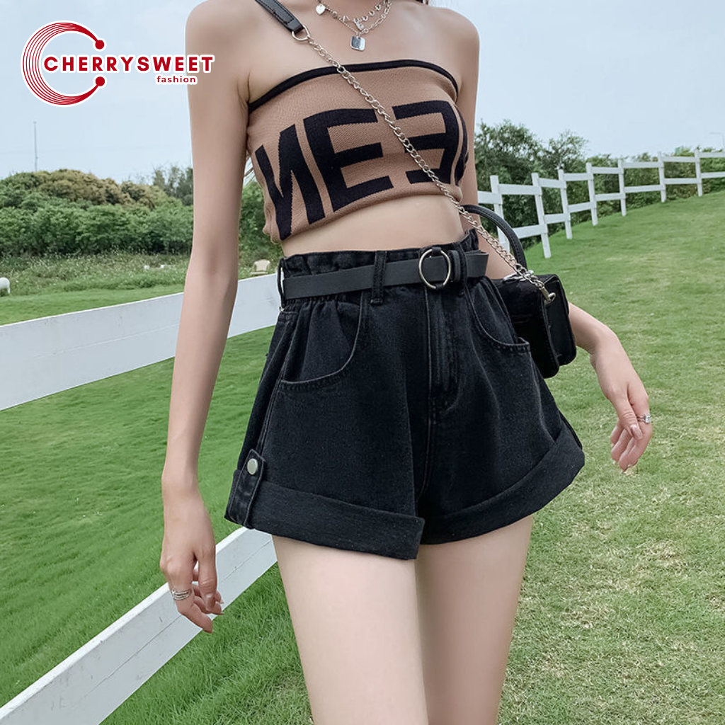 Quần short jean nữ cạp chun CHERRYSWEET dáng xòe lưng cao ống rộng lật đai phối bass chất bò phong cách Hàn Quốc T087