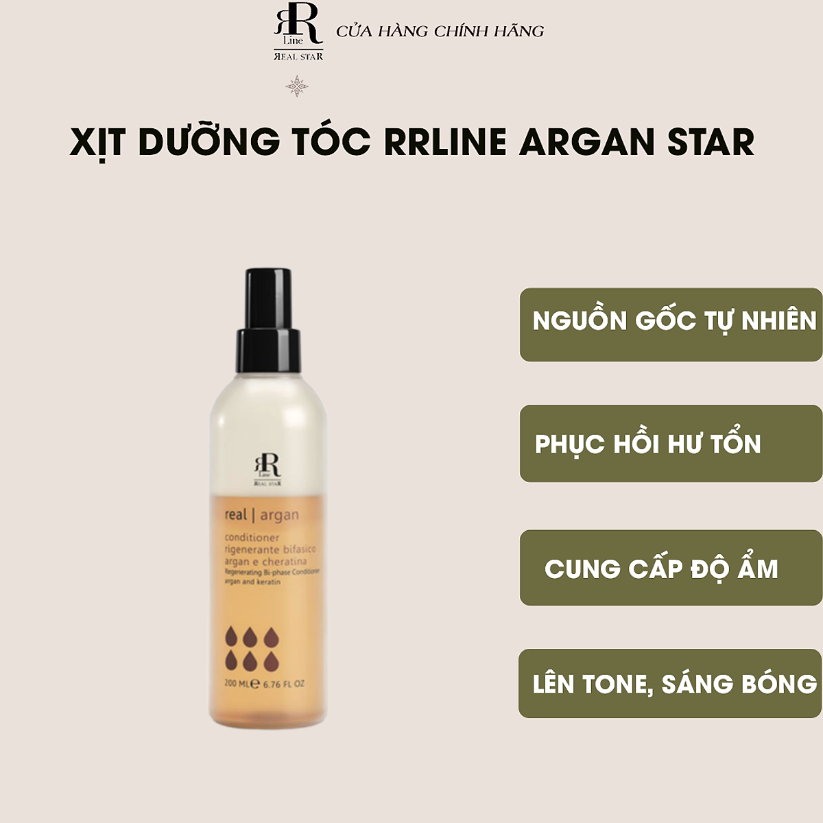 Xịt dưỡng 2 lớp dưỡng ẩm và phục hồi tóc Rrline Argan Leave in Conditioner 200ml