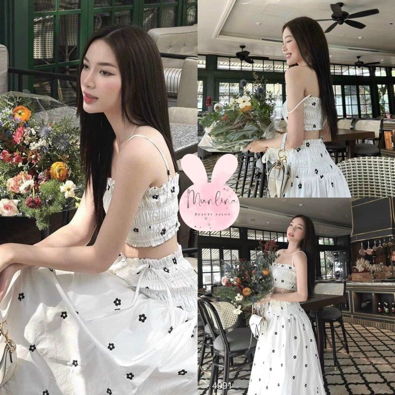 đầm chấm hoa maxi hai dây chân váy rời xốp hoa , Set dáng dài xoè đi chơi đi biển