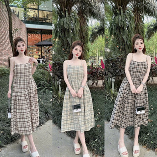 Đầm babydoll, váy hai dây kẻ dáng rộng chất thô đũi đi biển xinh xắn ba màu