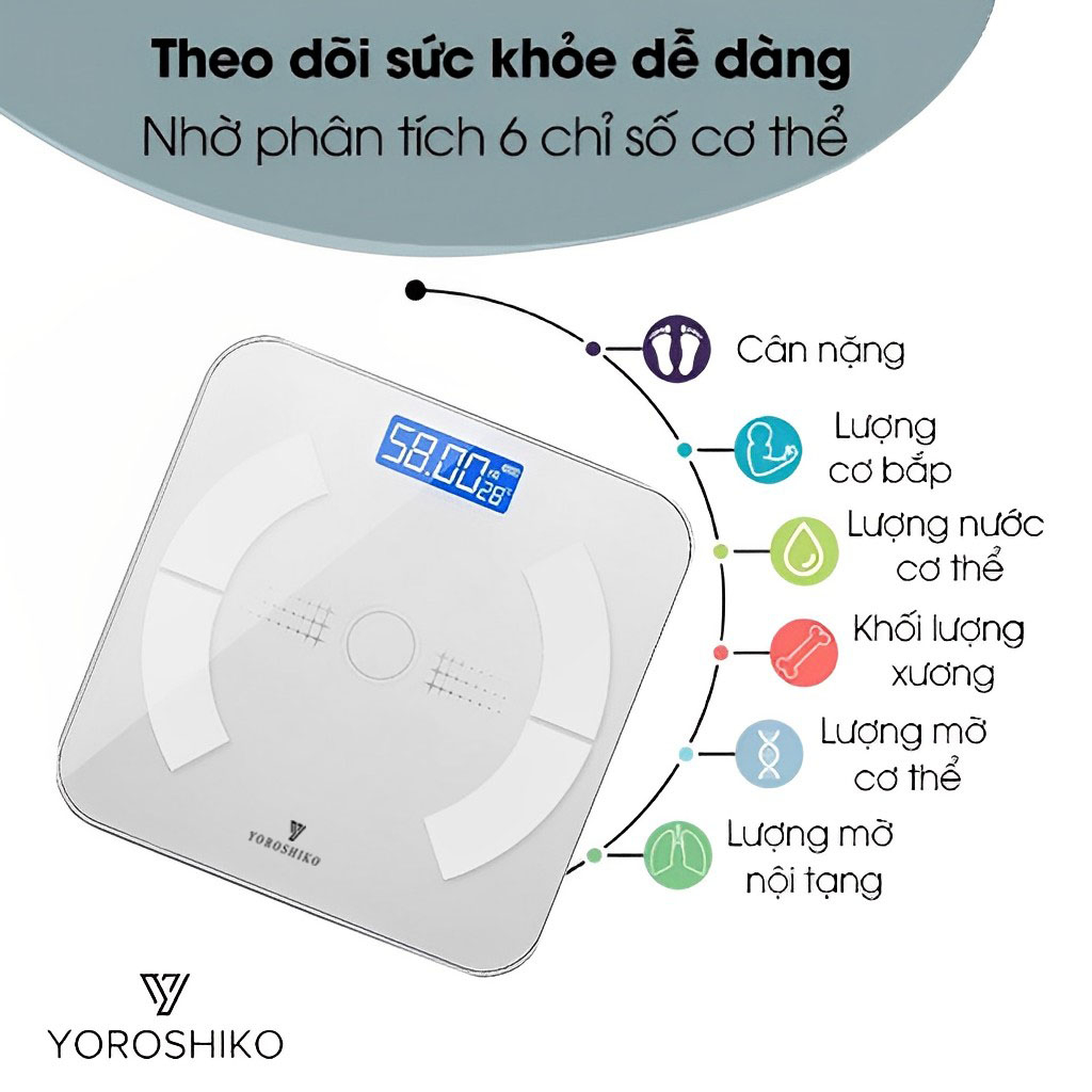 Cân điện tử sức khỏe Thông Minh Yoroshiko có kết nối bluetooth tiện lợi cho gia đình