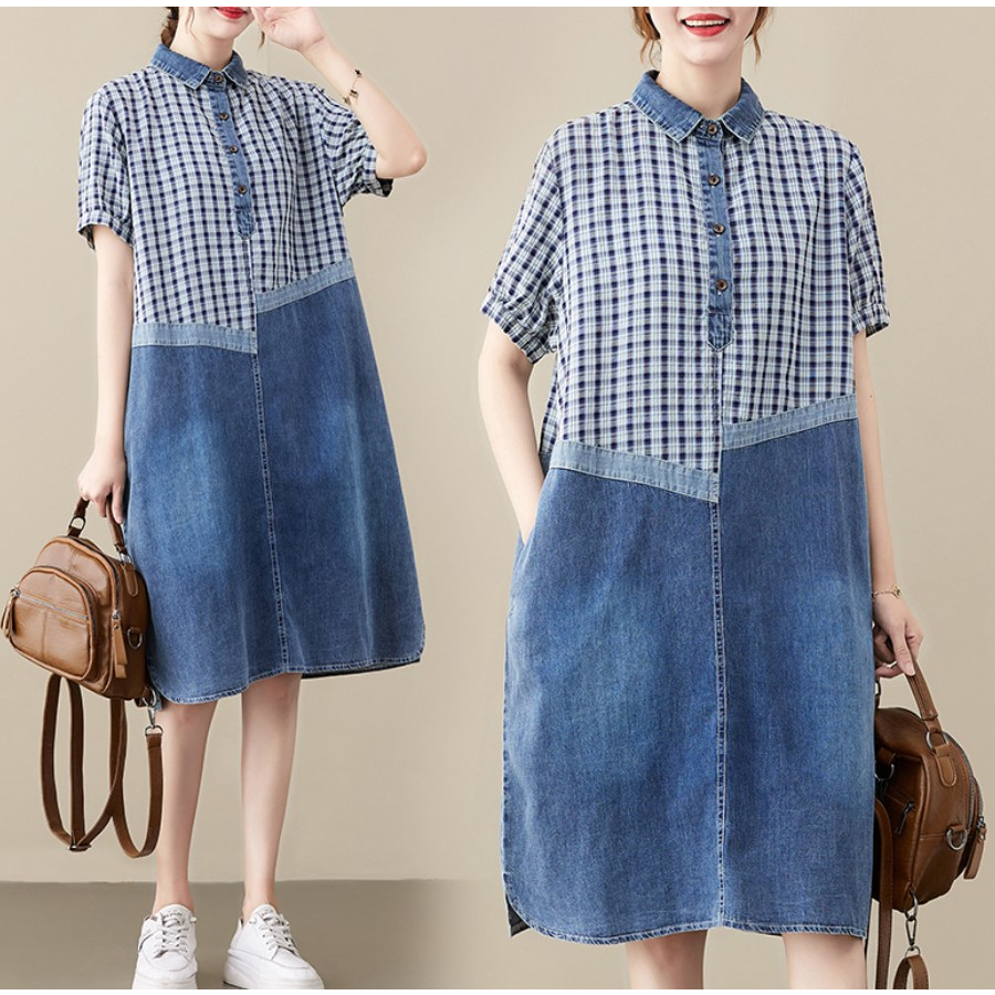G484 Váy bigsize freesize phối chất liệu jean cá tính thiết kế cổ bẻ