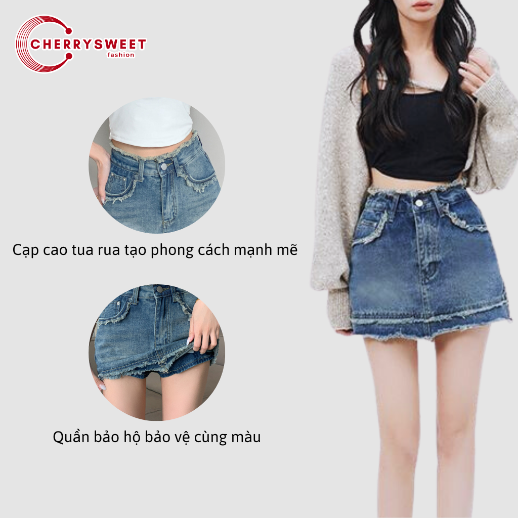 Chân váy jean ngắn chữ a CHERRYSWEET cạp cao dáng ôm tua rua retro cao bồi, có quần trong phong cách Hàn Quốc T084