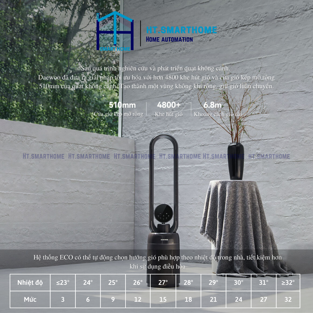 Quạt hơi nước không cánh, máy lọc không khí Daewoo AM06 - Hệ thống làm mát hơi nước 32 cấp độ gió