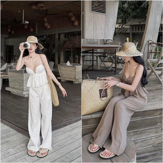 Set áo 2 dây đũi peblum mix quần xuông ống rộng chuẩn tag MPB