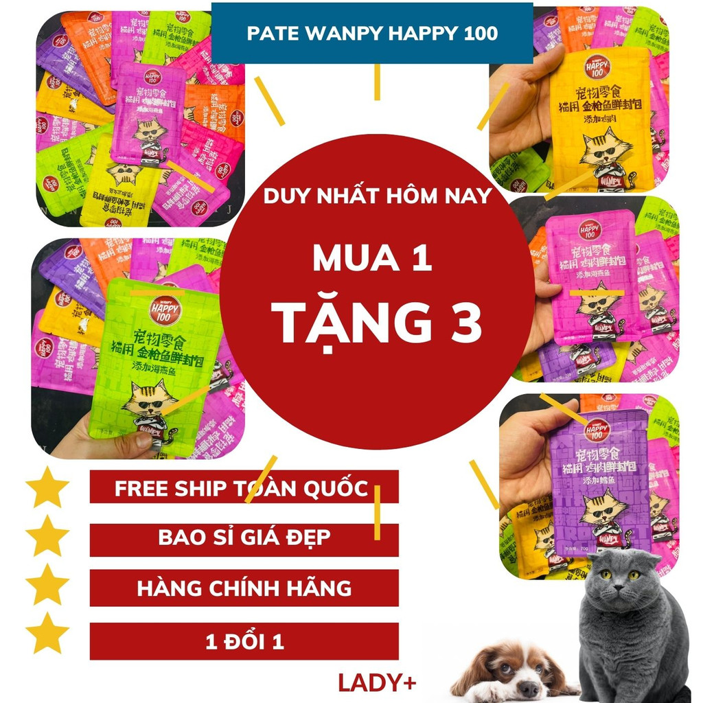 Pate cho mèo HAPPY 100 gói 70g mix tổng hợp 6 vị - Hàng đảm bảo nhập khẩu chính hãng