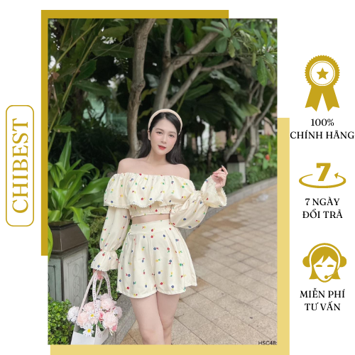 Set short lụa in áo croptop bèo trễ vai siêu xinh CHIBEST HSC48