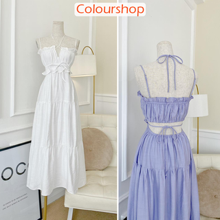 Đầm maxi 2 dây phối bèo thắt dây nơ cutout lưng freesize