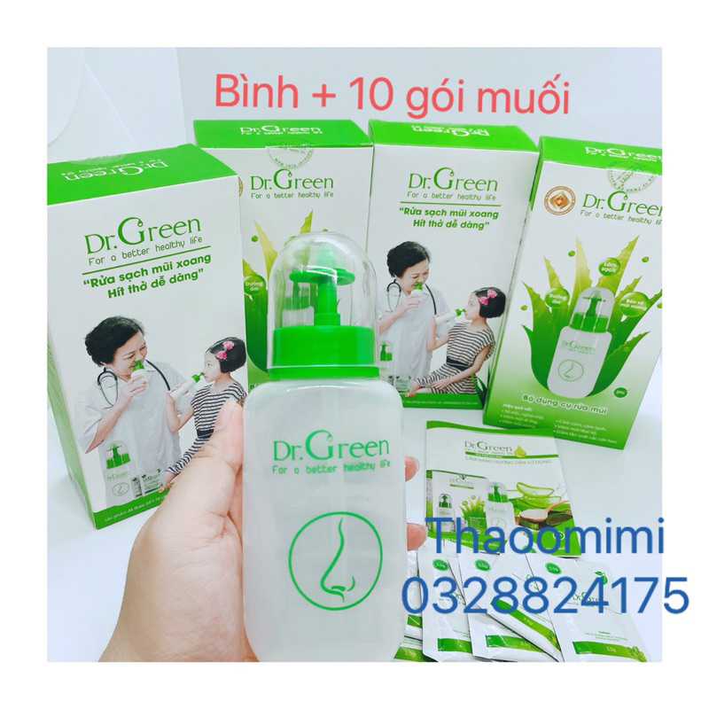 Bình rửa mũi Dr.Green chính hãng, Đầu rửa silicon, 1 bình kèm 10 gói muối biển, hỗ trợ viêm mũi xoang