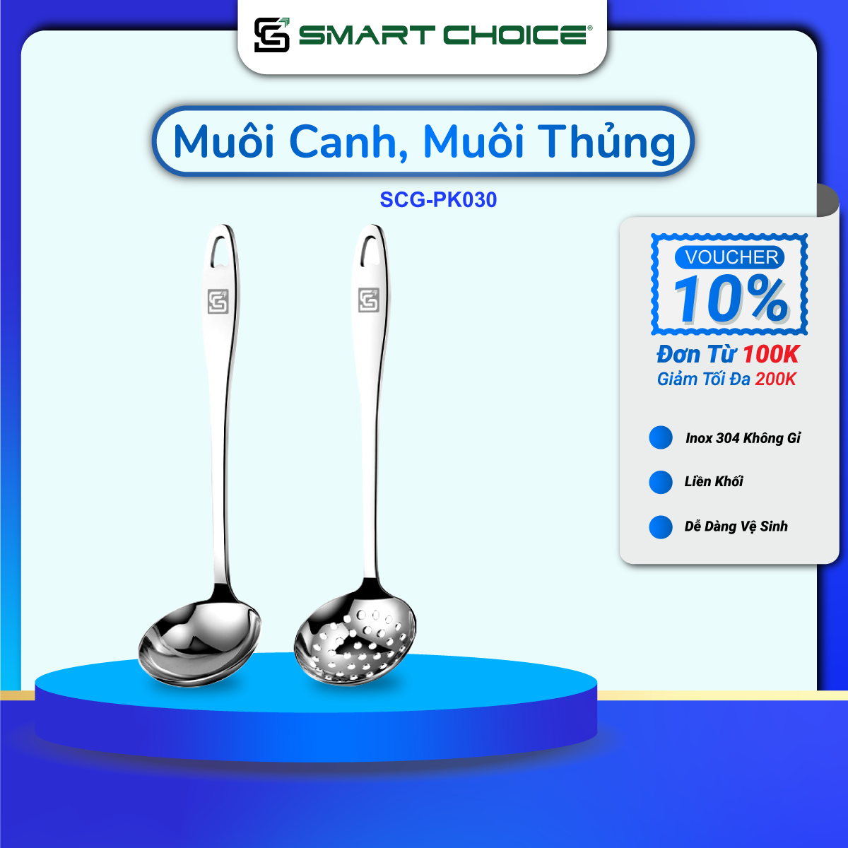 Muỗng Múc Canh Muôi Thủng SmartChoice Inox 304 Cao Cấp, Muôi Múc Canh 25cm, 31cm - Hàng Loại 1