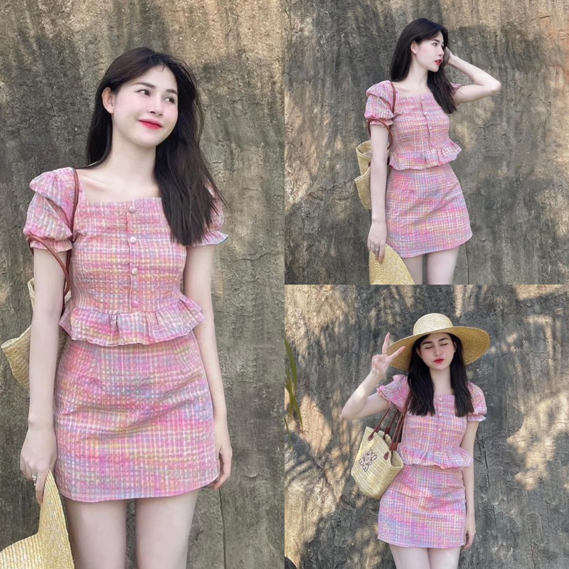 SET CROP DẠ HỒNG VIỀN TRẮNG + CHÂN VÁY
