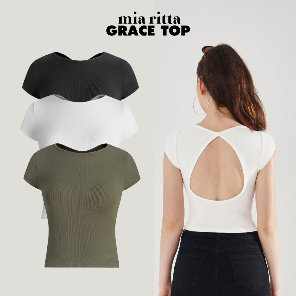 Áo thun Grace Top Mia Ritta A2160 - Áo thun gân cộc tay khoét lưng giọt nước co dãn