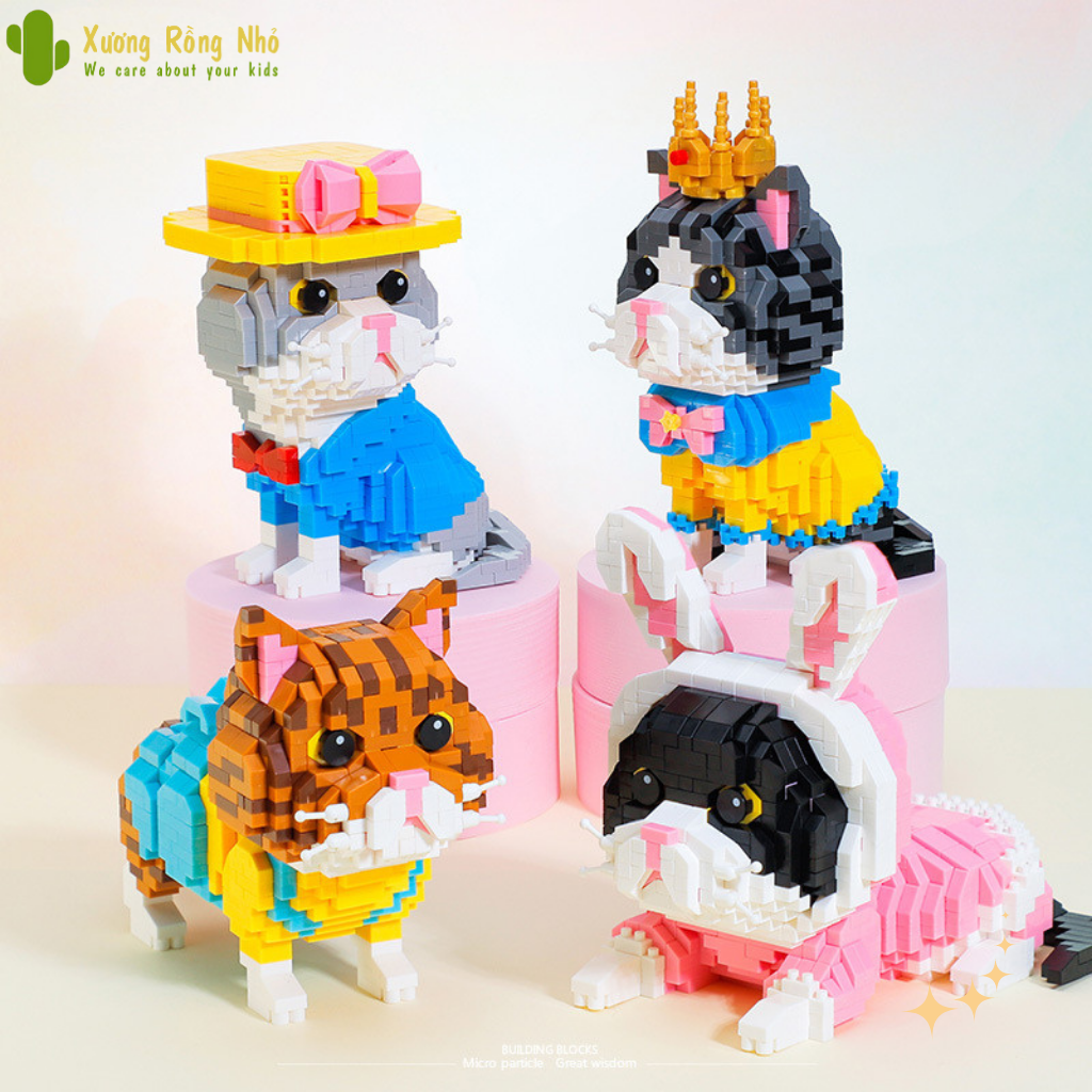 Mô hình lắp ráp xếp hình 3D Boss MÈO vương miện, đội mũ, vằn nâu, tai thỏ xinh siêu dễ thương Xương rồng nhỏ