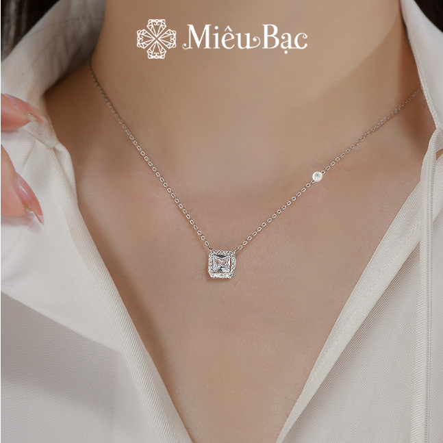 Dây chuyền bạc nữ Miêu Bạc mặt vuông đính đá lấp lánh chất liệu bạc S925 phụ kiện trang sức phong cách dễ thương MD24