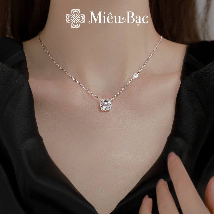 Dây chuyền bạc nữ Miêu Bạc mặt vuông đính đá lấp lánh chất liệu bạc S925 phụ kiện trang sức phong cách dễ thương MD24