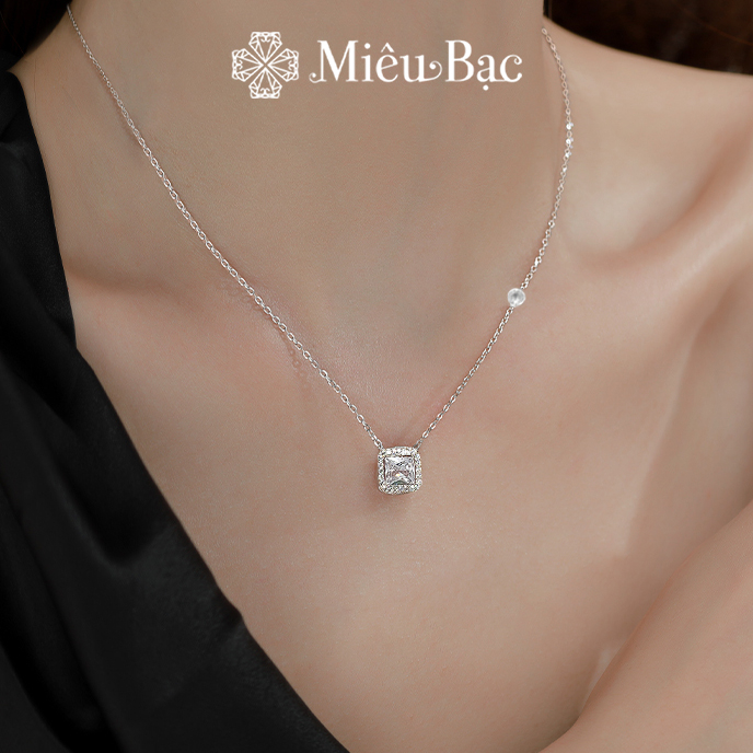 Dây chuyền bạc nữ Miêu Bạc mặt vuông đính đá lấp lánh chất liệu bạc S925 phụ kiện trang sức phong cách dễ thương MD24