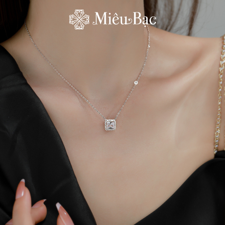 Dây chuyền bạc nữ Miêu Bạc mặt vuông đính đá lấp lánh chất liệu bạc S925 phụ kiện trang sức phong cách dễ thương MD24