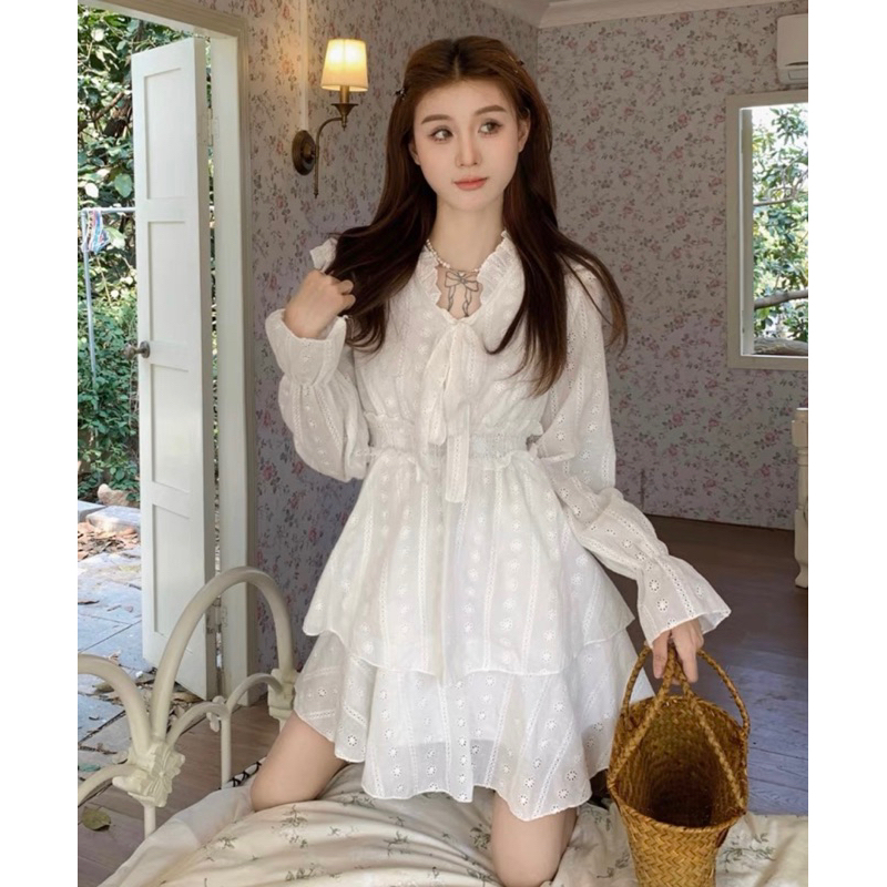VIDEO ẢNH THẬT🖤Đầm tiểu thư trắng xoè hoạt tiết đập hoa nhí xinh xắn đáng yêu ulzzang Váy bánh bèo dễ thương ngọt ngào