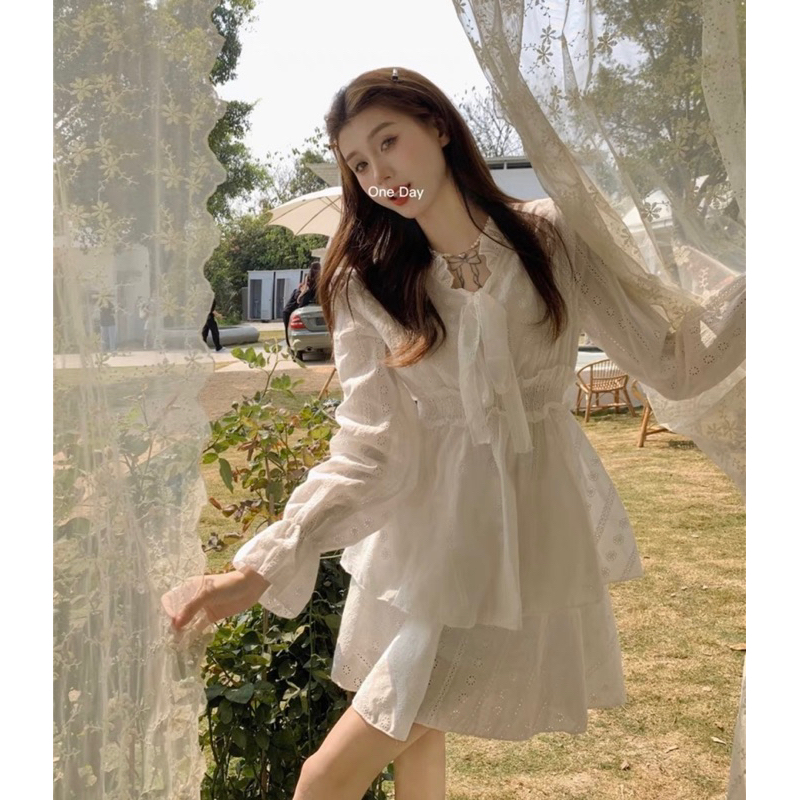 VIDEO ẢNH THẬT🖤Đầm tiểu thư trắng xoè hoạt tiết đập hoa nhí xinh xắn đáng yêu ulzzang Váy bánh bèo dễ thương ngọt ngào