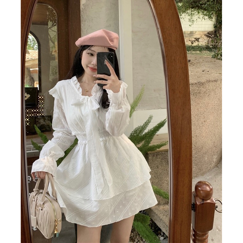 VIDEO ẢNH THẬT🖤Đầm tiểu thư trắng xoè hoạt tiết đập hoa nhí xinh xắn đáng yêu ulzzang Váy bánh bèo dễ thương ngọt ngào