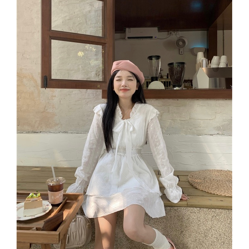 VIDEO ẢNH THẬT🖤Đầm tiểu thư trắng xoè hoạt tiết đập hoa nhí xinh xắn đáng yêu ulzzang Váy bánh bèo dễ thương ngọt ngào
