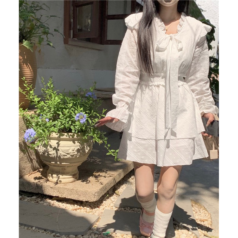 VIDEO ẢNH THẬT🖤Đầm tiểu thư trắng xoè hoạt tiết đập hoa nhí xinh xắn đáng yêu ulzzang Váy bánh bèo dễ thương ngọt ngào
