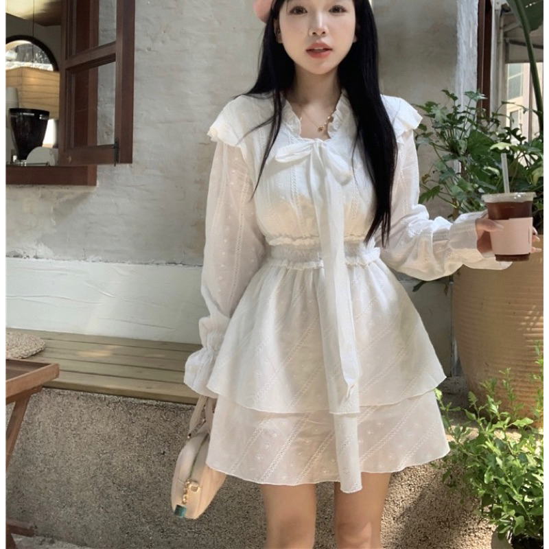 VIDEO ẢNH THẬT🖤Đầm tiểu thư trắng xoè hoạt tiết đập hoa nhí xinh xắn đáng yêu ulzzang Váy bánh bèo dễ thương ngọt ngào