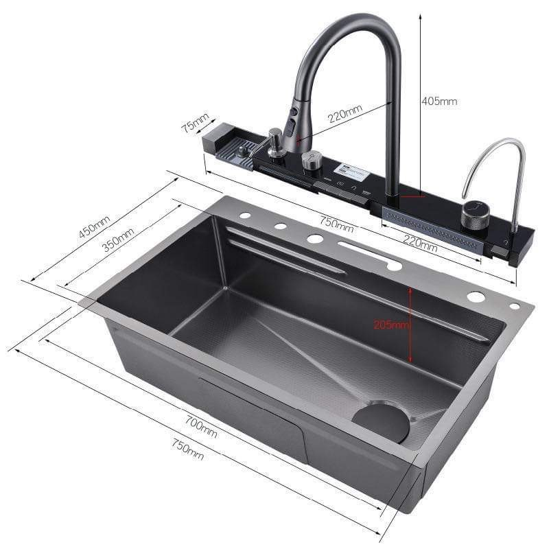 Chậu Rửa Bát Thác Nước Hiển Thị Nhiệt Độ Inox SUS 304 Nano Đen Xám 5 Chế Độ Mới Nhất