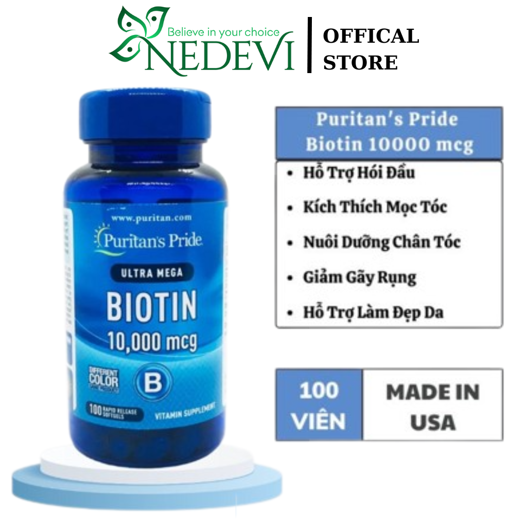 Viên Uống Biotin Hỗ Trợ Ngăn Rụng Tóc Và Làm Đẹp Da Puritan's Pride Ultra Mega Biotin 10000Mcg - NEDEVI MALL