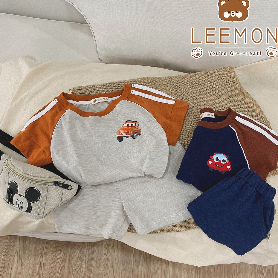 Bộ quần áo bé trai BEEMO 22388B, bộ quần áo in hình oto, với chất liệu cotton co giãn mềm mại, thấm hút mồ hôi_YURICANDY