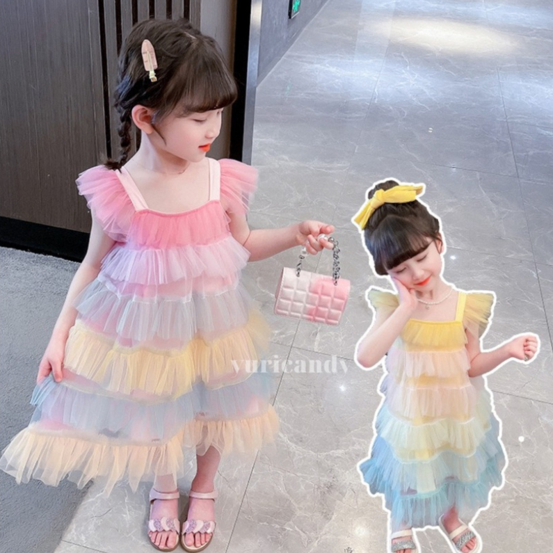 Váy đầm công chúa xếp tầng cầu vòng, cao cấp bé gái, váy chất vải Tuyn mềm mại, thiết kế phong cách Phương Tây Hàn Quốc