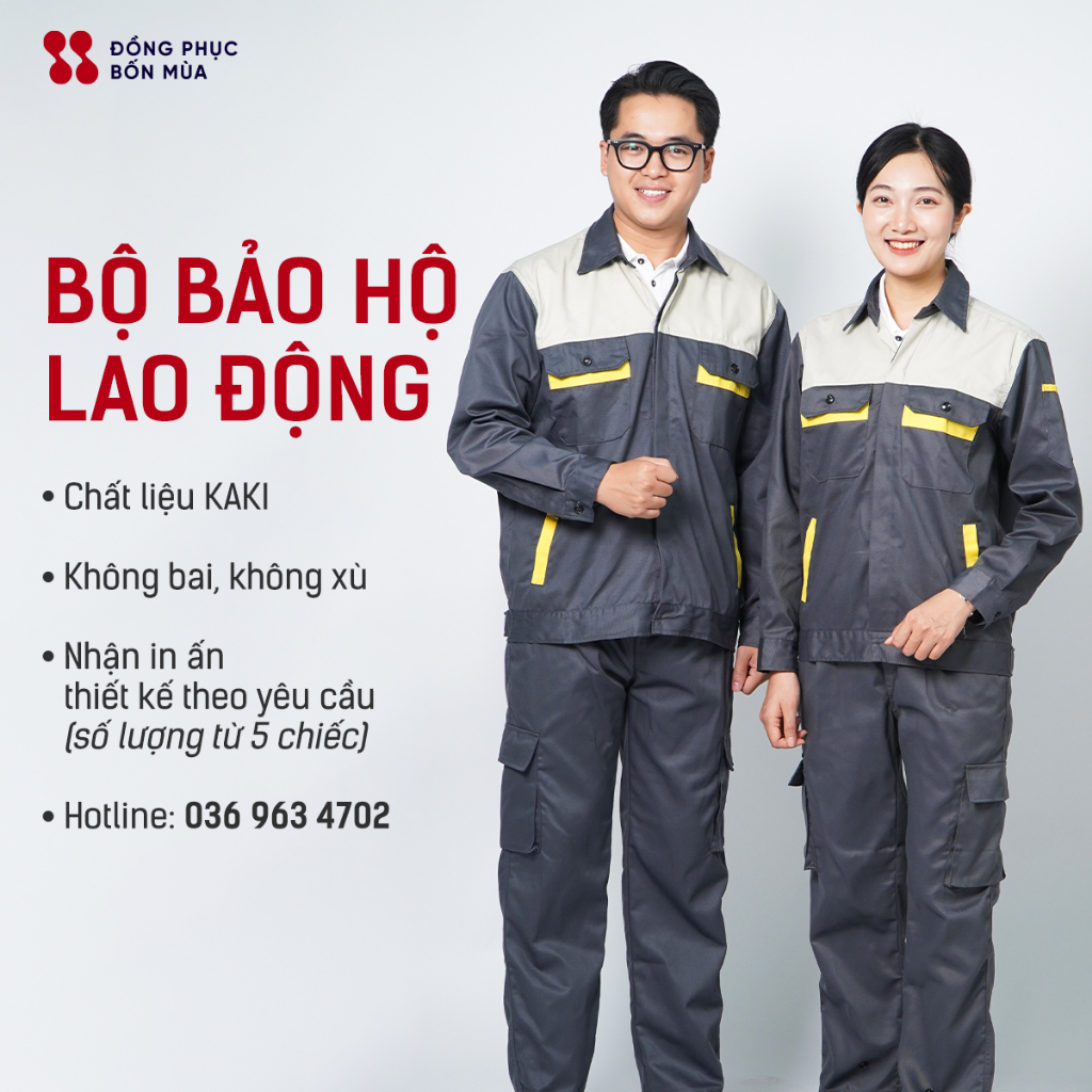 Bộ Bảo hộ lao động màu màu ghi phối vàng thương hiệu Đồng Phục Bốn Mùa chất vải kaki 3/1 phối màu dày dặn kèm video