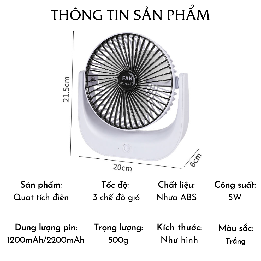 Quạt Tích Điện Mini Tokya Để Bàn Sạc USB Siêu Mát Không Gây Ồn