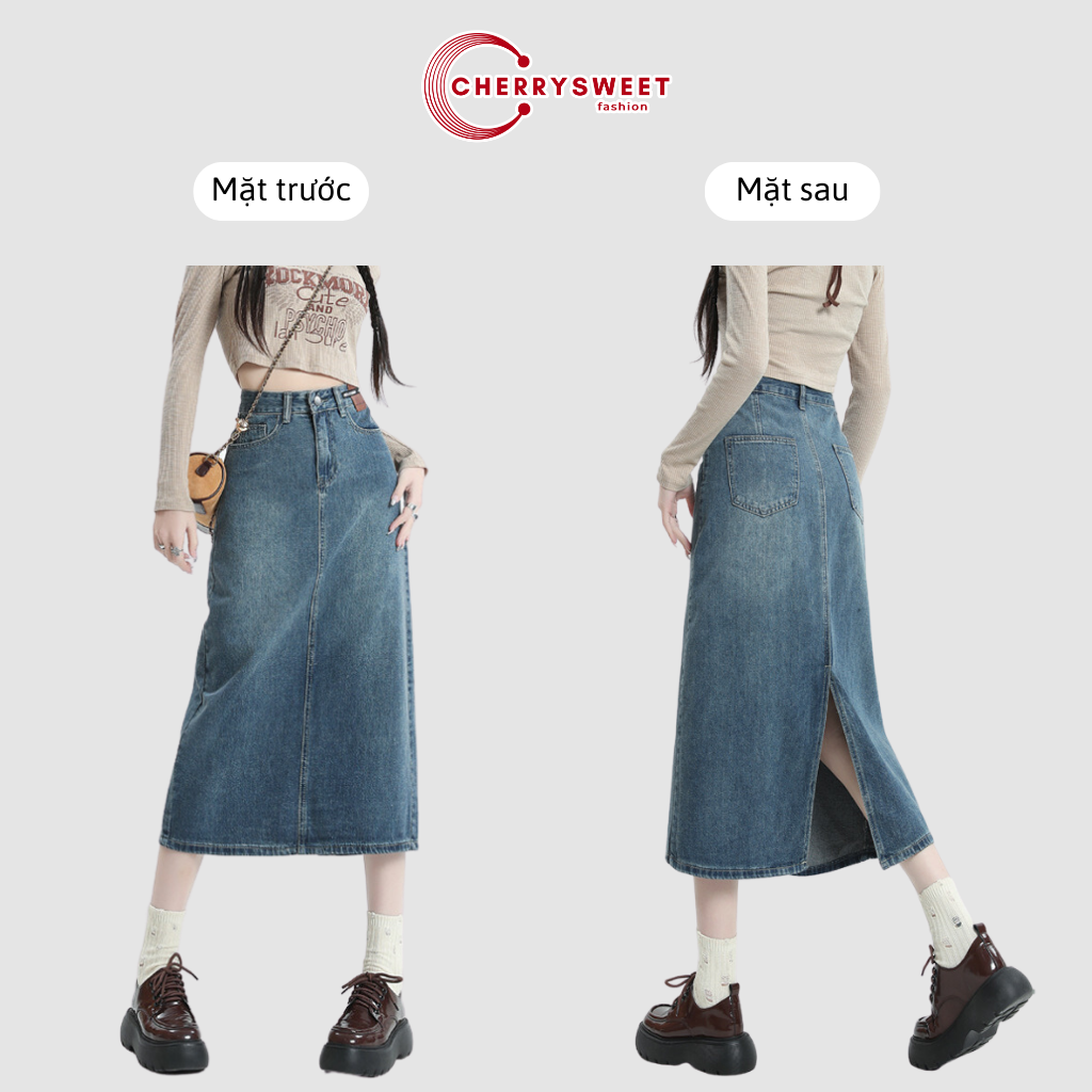 Chân váy jean dài xẻ sau CHERRYSWEET cạp cao dáng chữ a, màu xanh phong cách ulzzang thời trang Hàn Quốc dễ phối đồ T082
