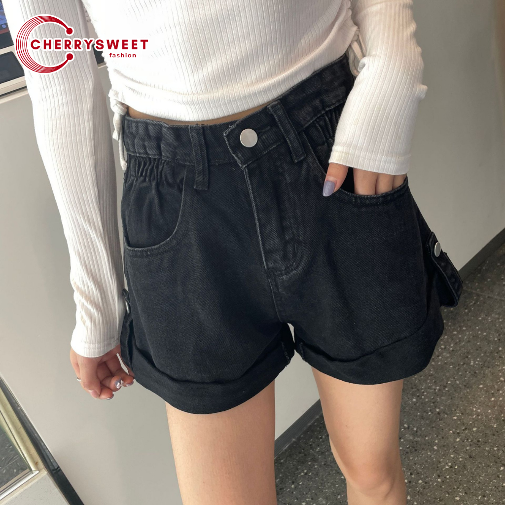 Quần short jean nữ cạp chun CHERRYSWEET dáng xòe lưng cao ống rộng lật đai phối bass chất bò phong cách Hàn Quốc T087