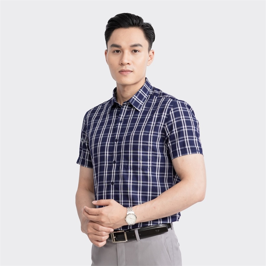 [MẪU MỚI] Áo sơ mi nam ngắn tay ARISTINO họa tiết xanh tím than kẻ trắng lịch lãm, thời thượng  - ASS049S3