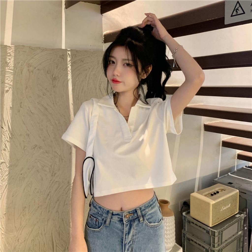 Áo Croptop Nữ Madela Cổ Polo Ngắn Tay Form Rộng, Croptop Polo Ngắn Tay Thời Trang Hàn Quốc