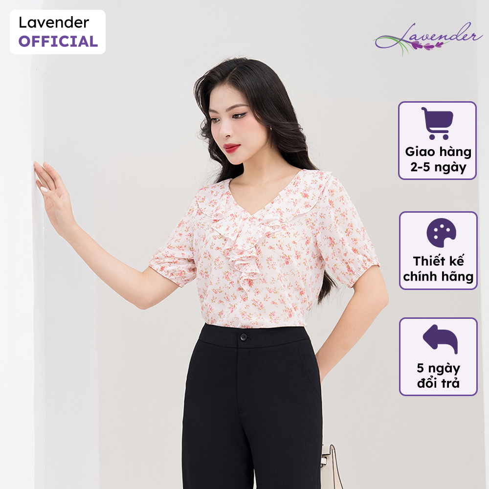 Áo sơ mi công sở nữ LAVENDER hoa hồng cổ tim phối bèo tay ngắn A2838
