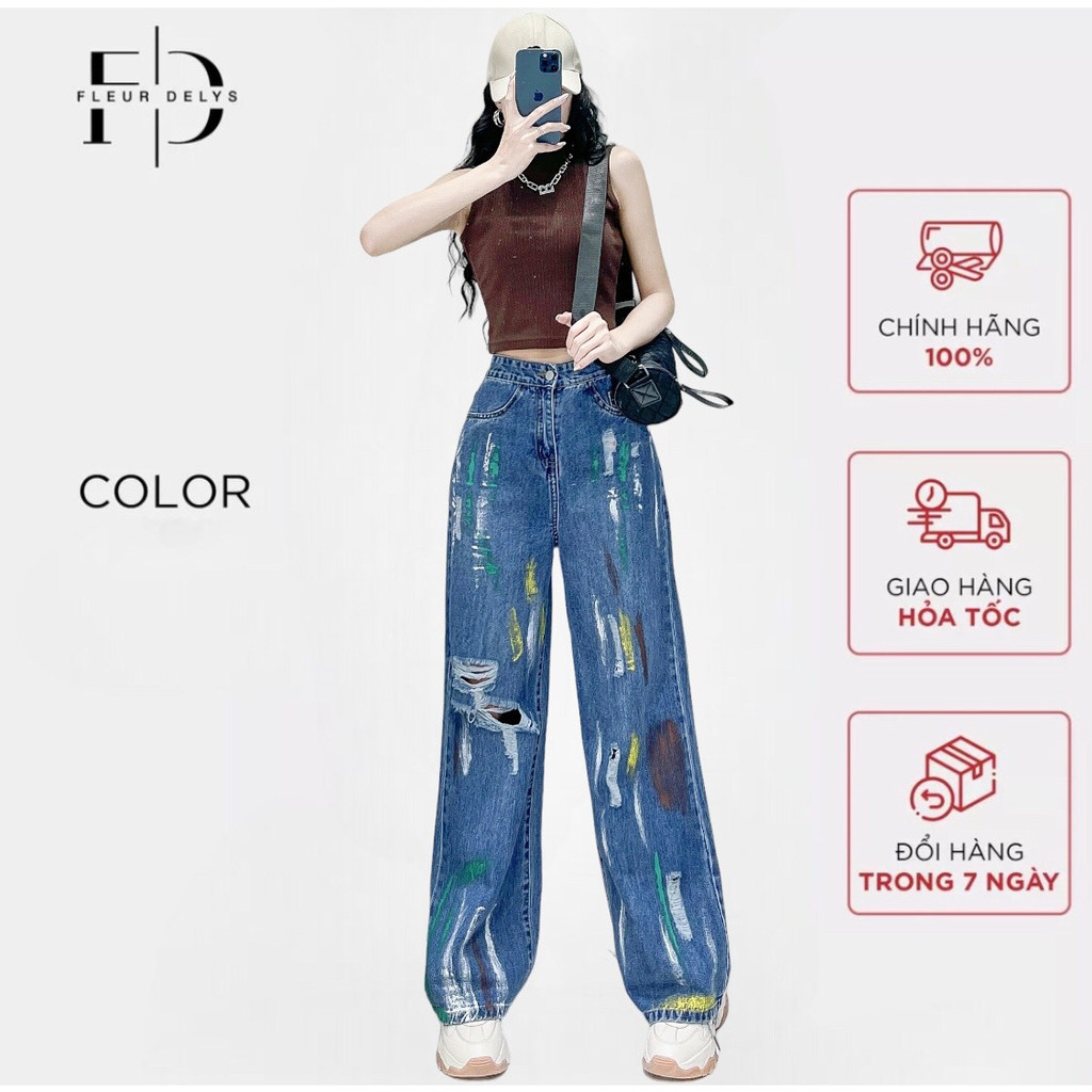 Quần bò ống rộng cạp cao Delys phẩy sơn rách gối thời trang tôn dáng